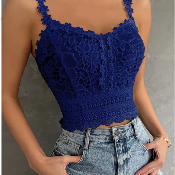 Blue Boho Frill Trim Shirred Back Lace Cami Top - Picture 4 of 6